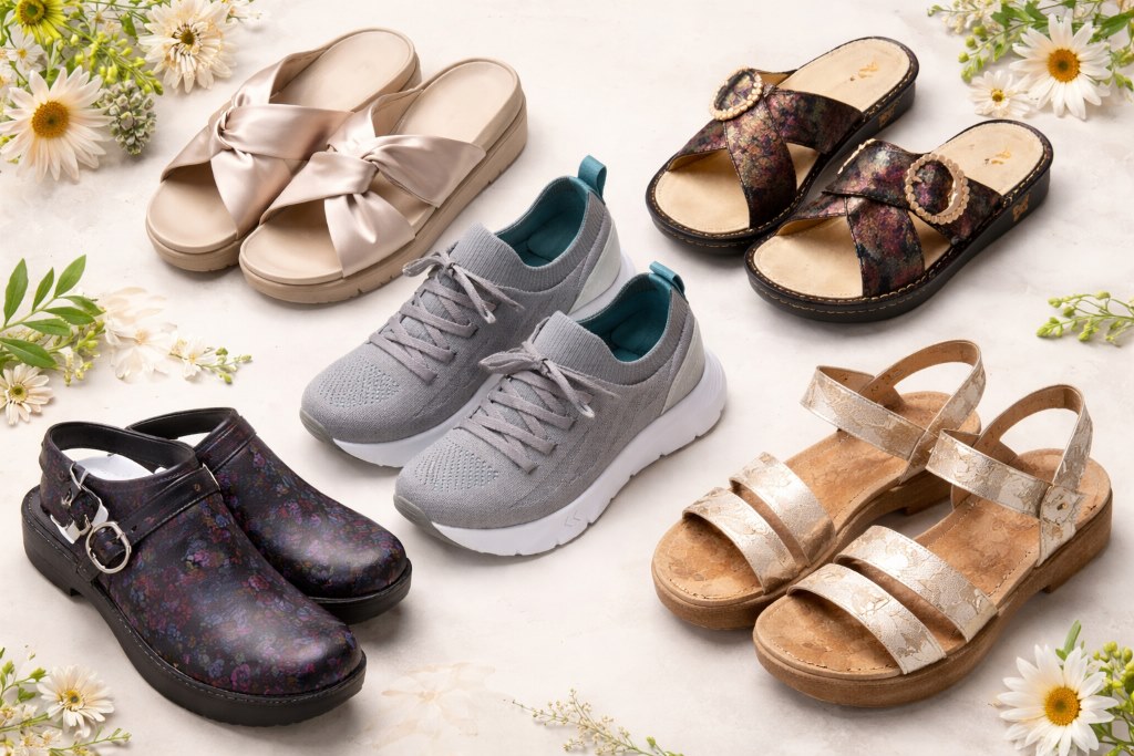 Landscape collage of Alegria shoes featuring sandals, sneakers, and clogs arranged on a light background with floral accents, highlighting comfort-focused styles and materials.