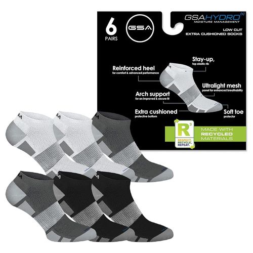 GSA Hydro+  Low Cut Extra Cushioned Men's Socks - White/Gray/Black