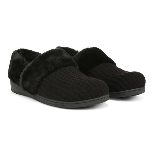 Vionic Endear Women's Cable Knit Faux Fur Trim Comfort Slipper - Black Braid Knit Pair